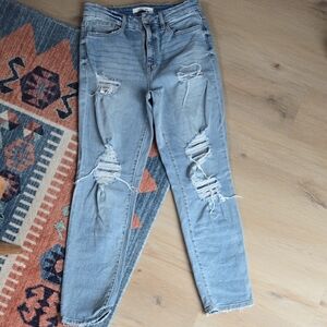 Distressed High Rise Mom Fit Jeans